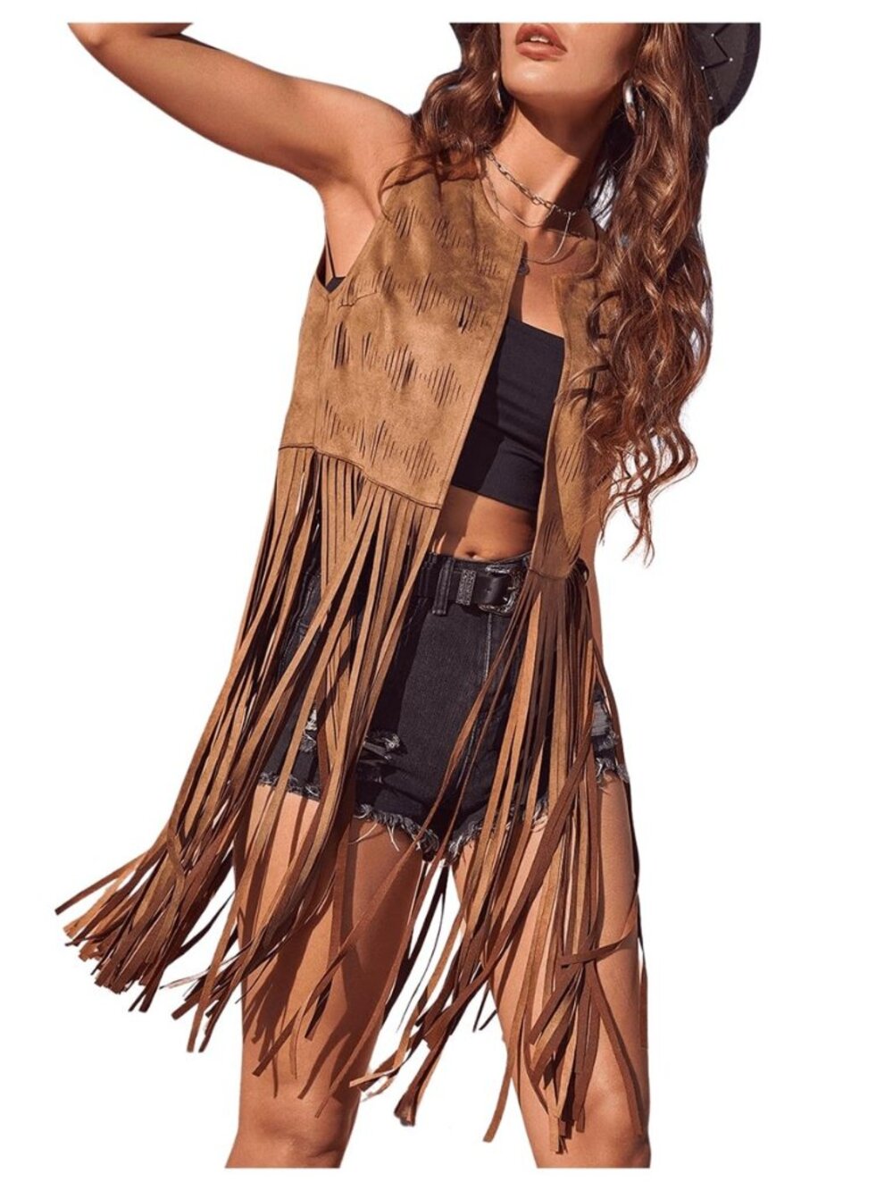 Women's Fringe Vest 70s Hippie Faux Jacket Cowgirl Tassel Jacket